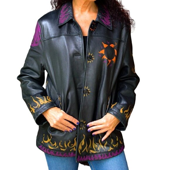 Vintage black leather jacket, tangerine sun, fuchsia, hand painted, unique - Picture 1 of 15